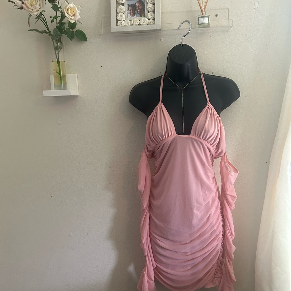 Pink Halter Ruched Dress